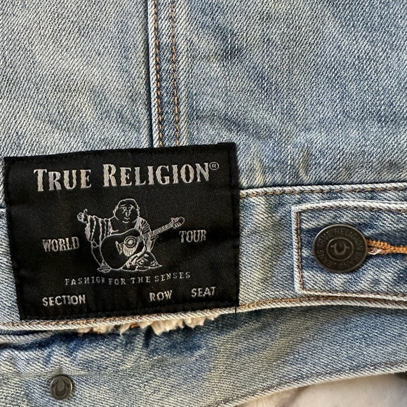True Religion Trucker Jacket  M Sherpa Lined PorkChop Denim Distressed, Classic - Picture 12 of 13